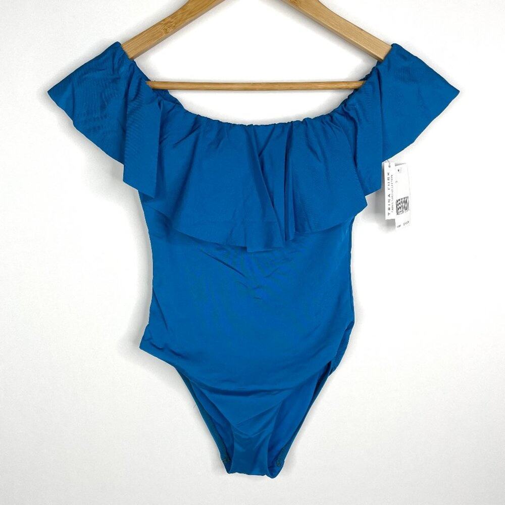 NWT Trina Turk Teal Ruffle Off Shoulder One Piece